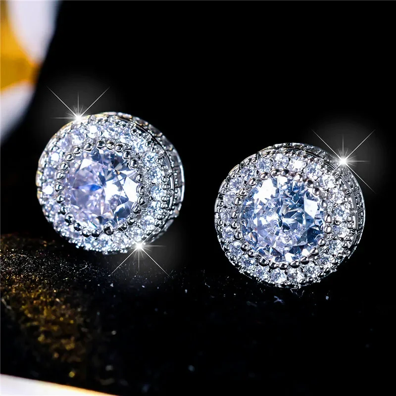 20242024 Luxury Female Crystal White Round Zircon Stud Earrings Vintage Silver Color Wedding Fashion Jewelry