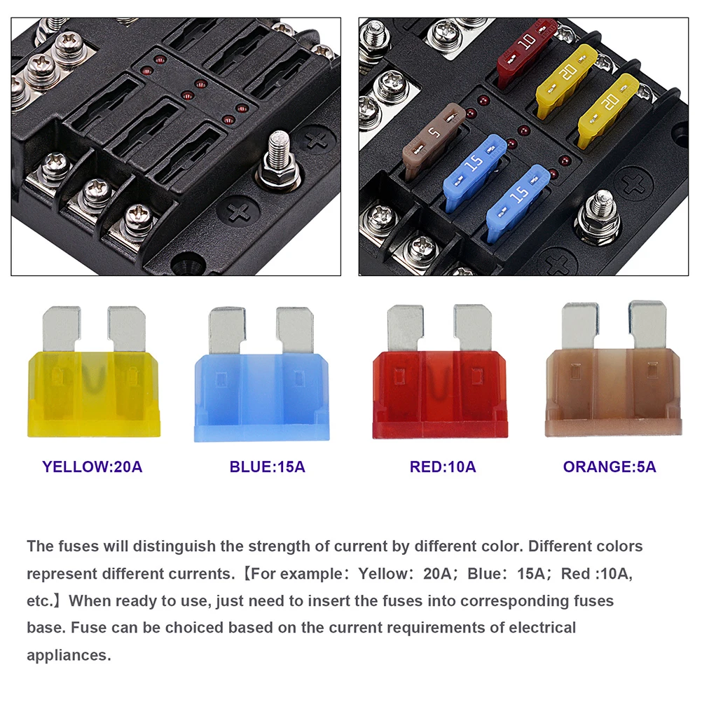 

1 Set 6 Circuit Waterproof Fuse Box Organizer Holder Red Led Indicator Material Nickel Plated Copper Terminal Heat Resistant