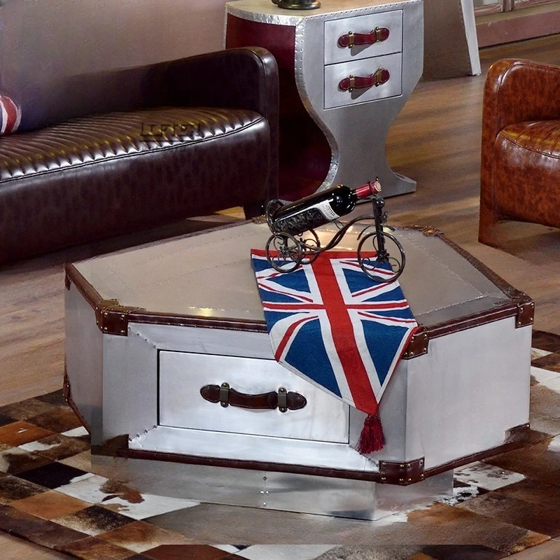 

Hexagonal aluminum leather rivet personalized coffee table loft industrial style metal three pumping bar club coffee
