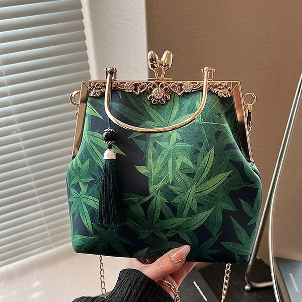 Vintage Purple Green Small Evening Bags Fashion Chinese Style Leaves Print  Handbag For Women Chain Shoulder Bag Crossbody Party