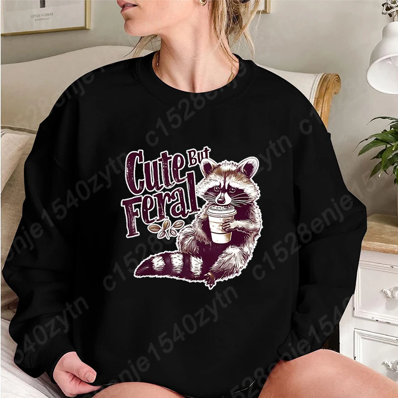 Novo outono feminino manga longa pullovers sem capuz guaxinim bonito mas feral impressão em torno do pescoço ao ar livre camisolas tendência superior feminino