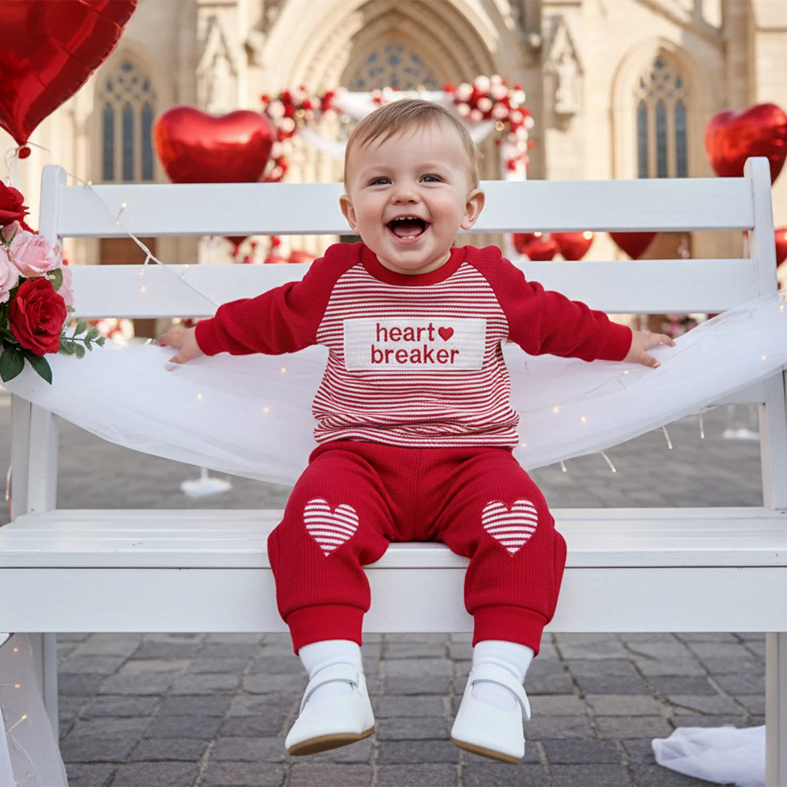 Boys Valentine's Day Pants Sets Long Sleeve O Neck Letter Embroidery Tops Drawstring Pants Sets