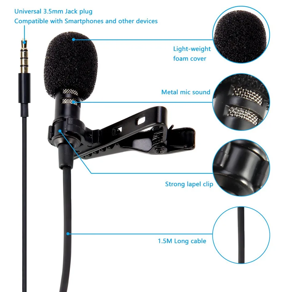 PC / Phone / Camera Mini Microphone Lapel Lavalier Mic Portable External Buttonhole Microphones for iPhone Laptop Computer 1.5m
