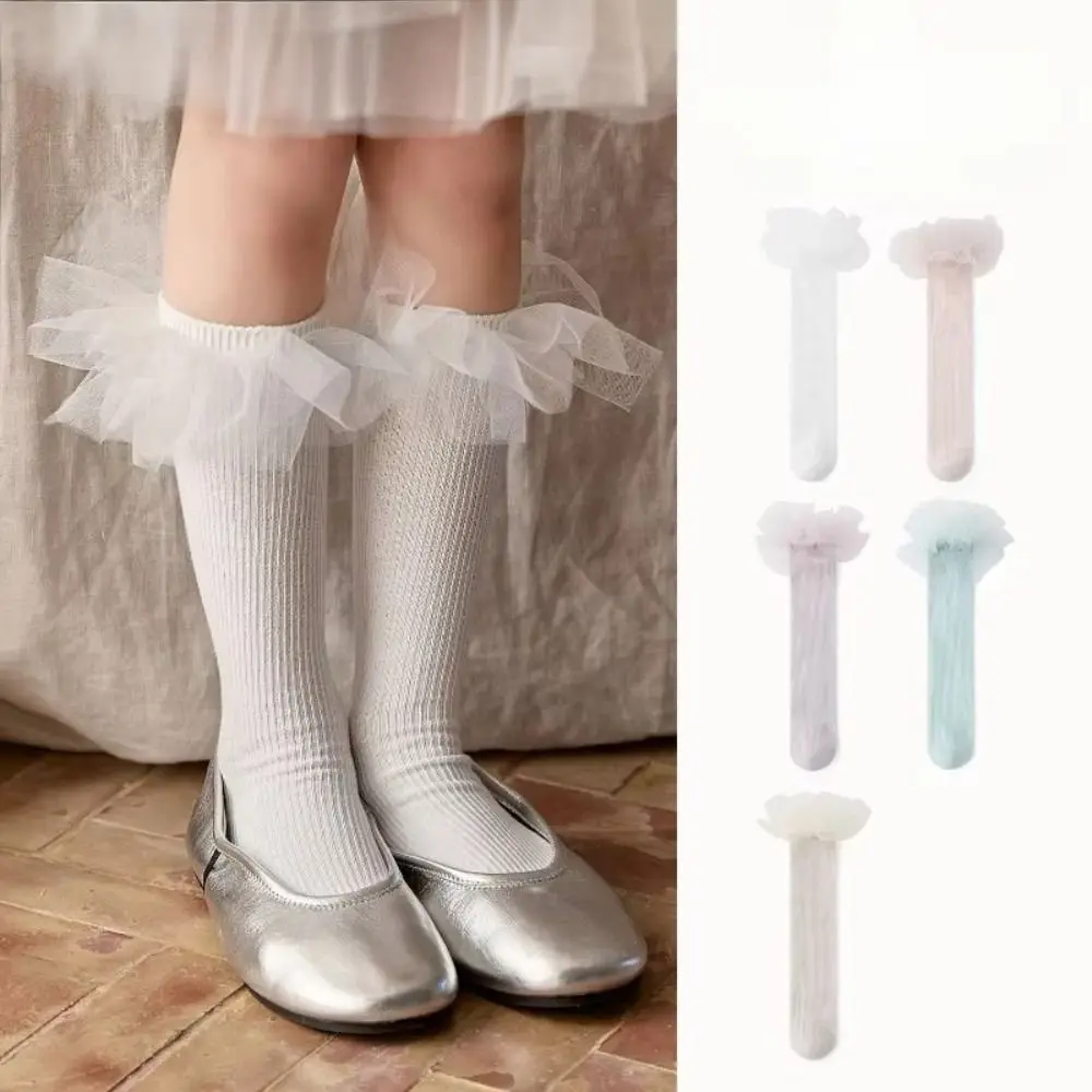 1pair Sweet Breathable Calf Sock Soft Solid Color Mesh Ruffle Sock Knee High Sock Princess