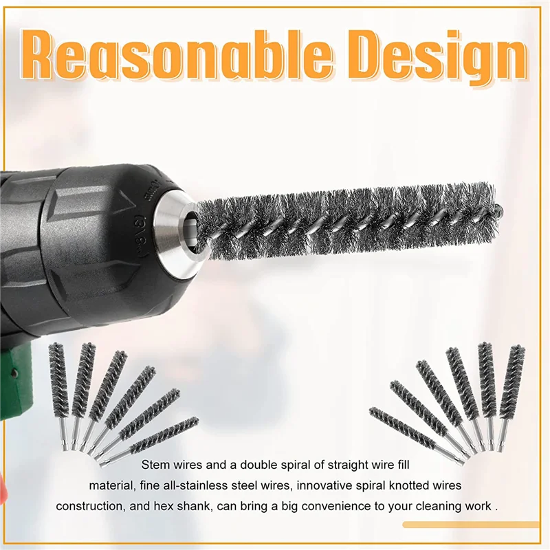 Stainless Steel Bore Brush Stainless Steel Bristles Wire Brush for Power Drill with Hex Shank Handle 12 Pcs