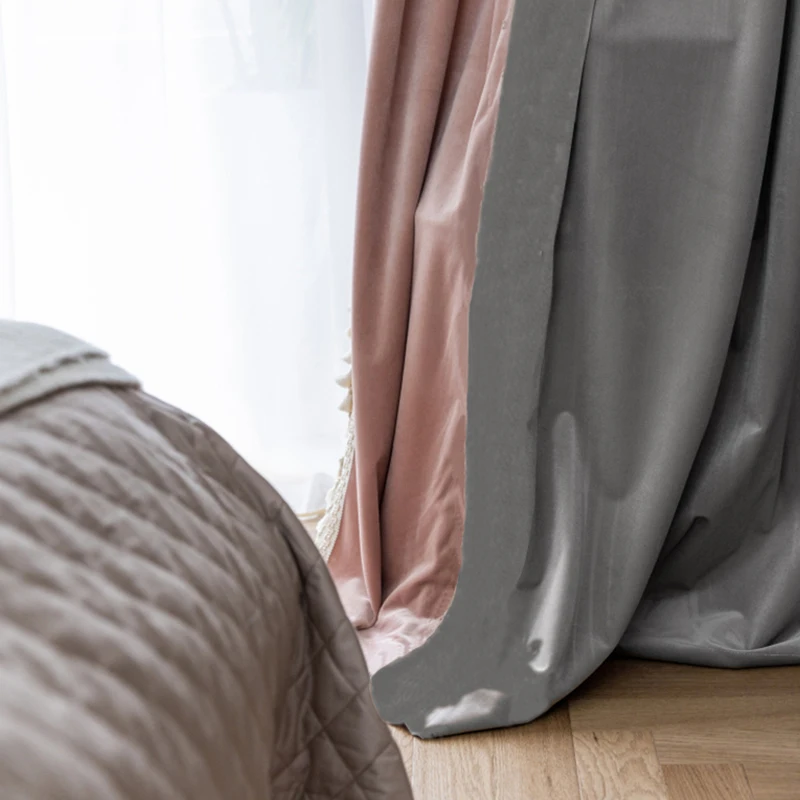 Modern Grey & Pink Velvet Curtains with Sheer Overlays, Elegant Layered Window Drapes for Bedroom Living Room, Thermal Insulatio