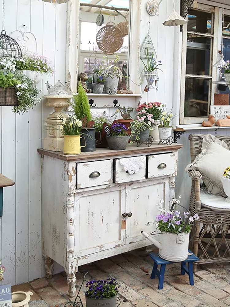 Farm Charming Handmade Vintage Retro White Wood Console Table with Drawers and Doors