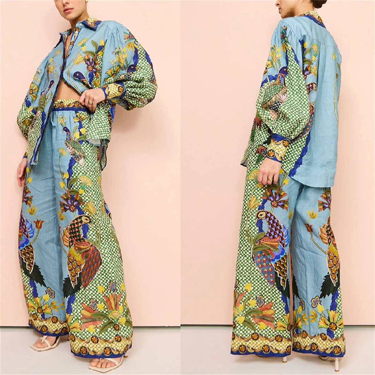 Women\'s Printed Two-piece Set Puffed Sleeve Turn Down Collar Shirts Wide Leg Pant Suits Chic Ladies Streetwear Fashion 2024 New