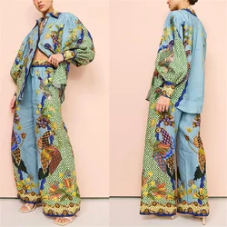 Women's Printed Two-piece Set Puffed Sleeve Turn Down Collar Shirts Wide Leg Pant Suits Chic Ladies Streetwear Fashion 2024 New