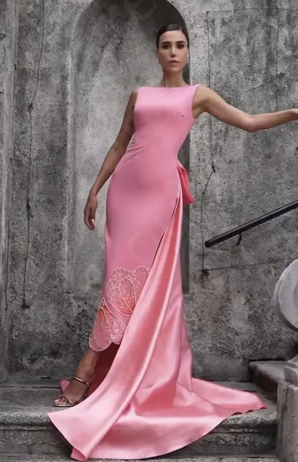 Customized Latest Pink Evening Dresses  Prom Gowns High Low with Train Beading Wedding Party Dresses Back Out Sleeveless