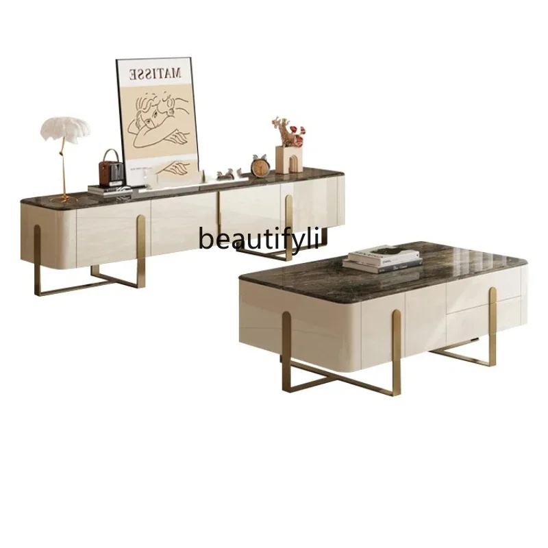 

C Italian Minimalist Light Luxury High-End Stone Plate TV Cabinet and Tea Table Minimalist Modern Living Room Home Small Apartme