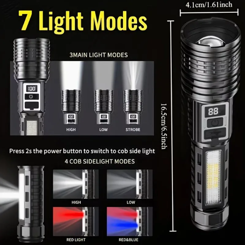 Powerful LED Flashlight Rechargeable Waterproof Torch with Side Light 7 Modes Zoomable Lamp for Camping Fishing Lantern