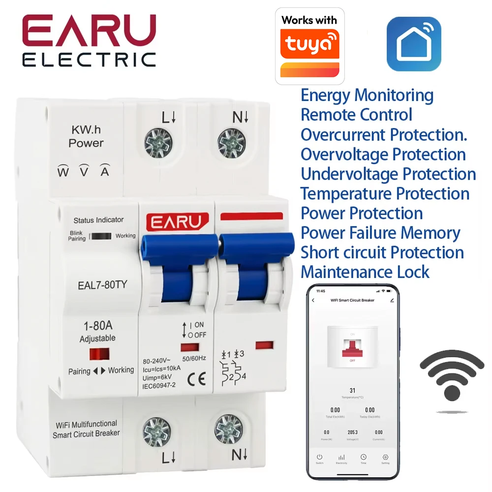 1-80A Adjustable 230V TUYA WIFI MCB Smart Circuit Breaker Energy Meter kWh Over Current Under Voltage Short Circuit Protection