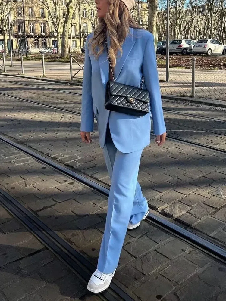 Women\'s Trouser Suit Blue Blazer Pant Suits Spring Women\'s Formal Outfits Office Lady Pants Sets One Button Spring Blazer Jacket