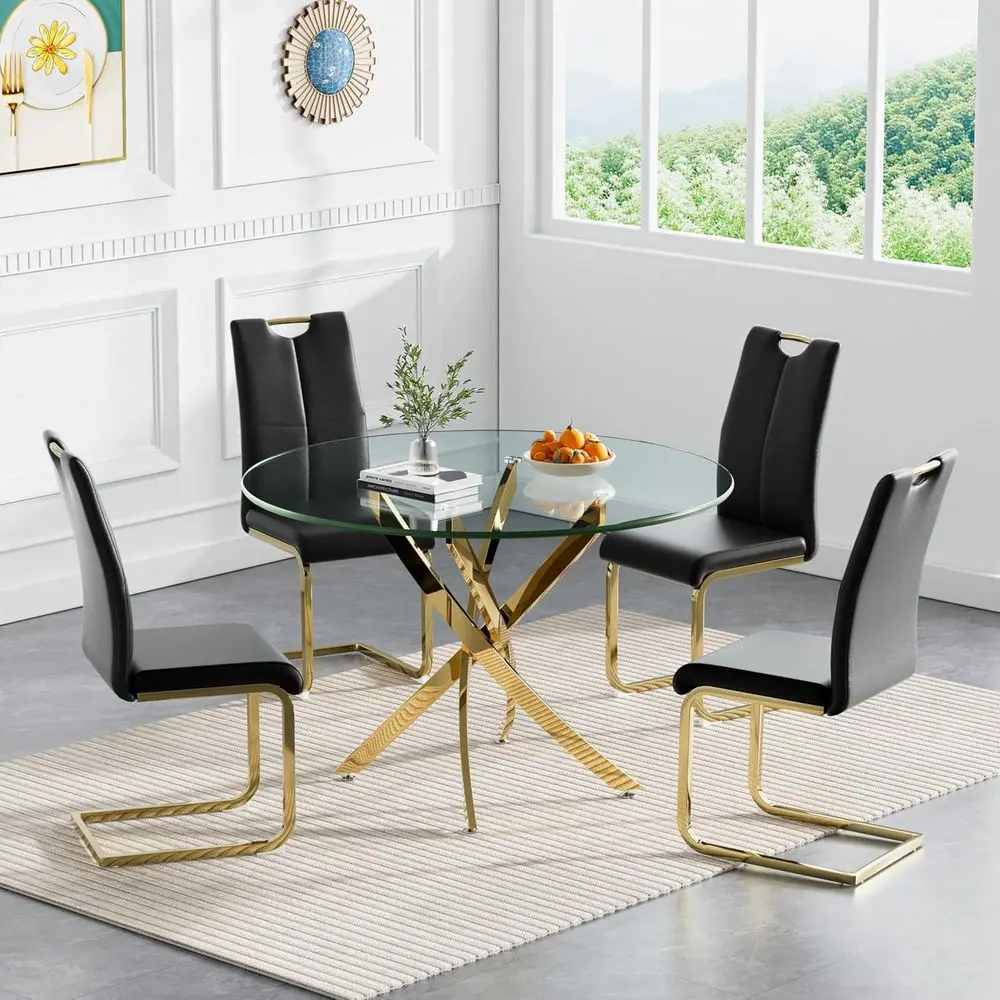 

5-Piece Round Glass Dining Set with 4 PU Leather Chairs