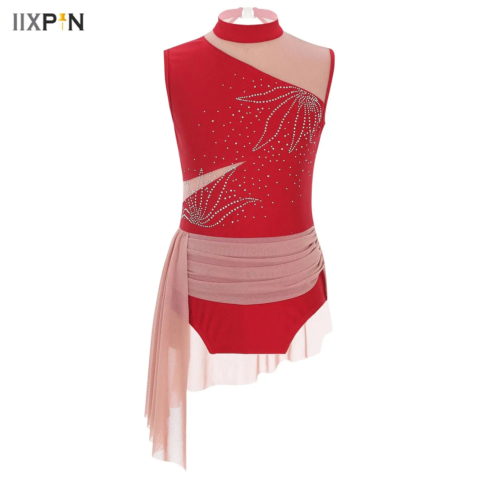 

Kids Girls Figure Skating Gymnastics Leotard Sheer Mesh Patchwork Sleeveless Shiny Rhinestone Flowers Pattern Skirted Bodysuit