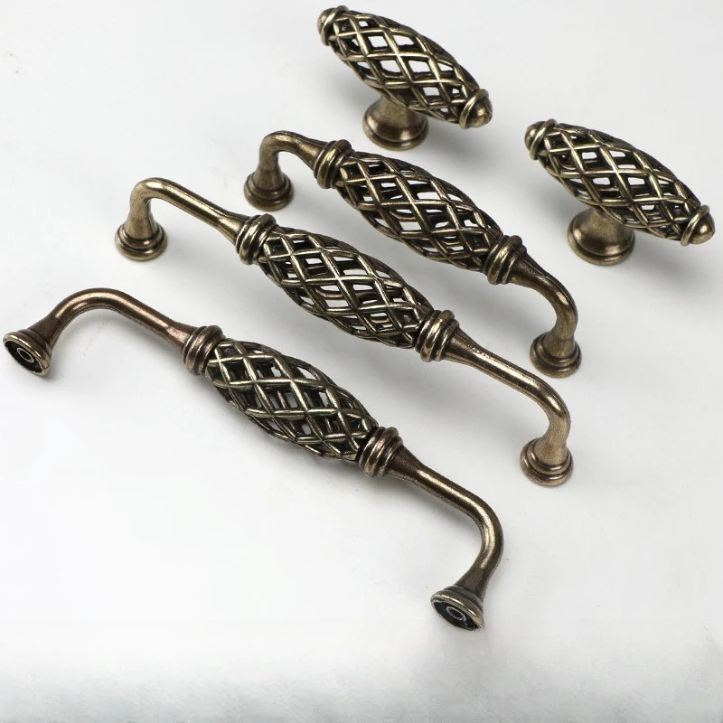 European Antique Birdcage Hollow Mesh Cabinet Pull Handle Vintage Farmhouse Green Bronze For Wardrobe Drawer Cupboard