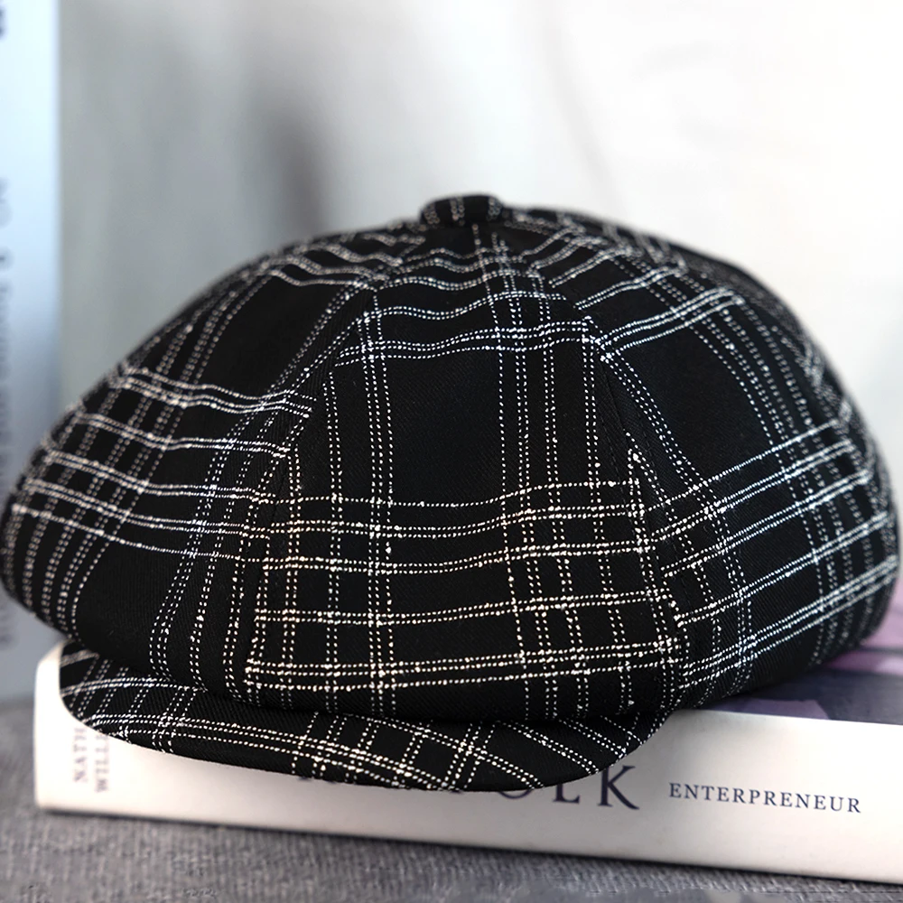 Spring Summer Linen Newsboy Cap New Black Coffee Plaid Breathable Beret Men's Women's Literary Retro Hat England Hats  B-54-55