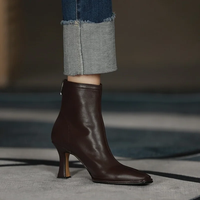 Sexy High Heel 7.5 CM Ankle Boots Modern Ladies Shoes Cowhide Winter Boots Back Zippers Elegant Women Shoes Square Toe