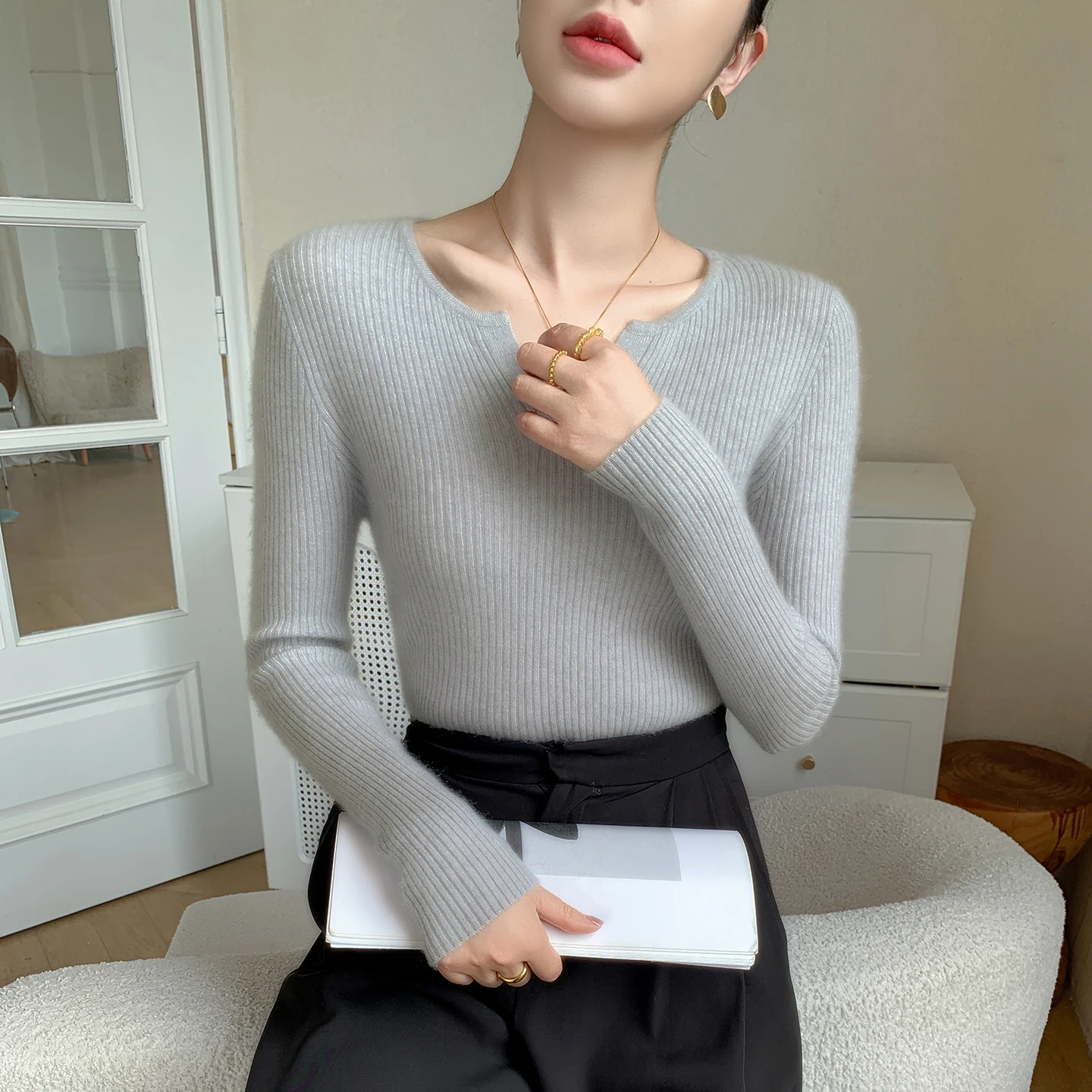 خريف/شتاء جديد المرأة 100% الكشمير الخالص البلوز عادية بلون محبوك سترة سليم صالح الخامس الرقبة القمم الأساسية البلوز #5