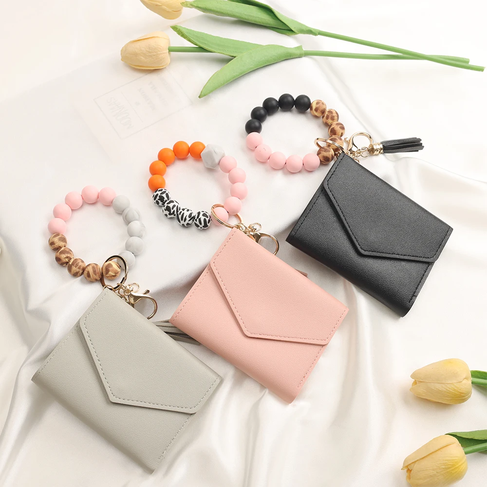 1PCS combination silicone bead bracelet key chain wallet multi-function anti-loss fashion string credit card change key storage