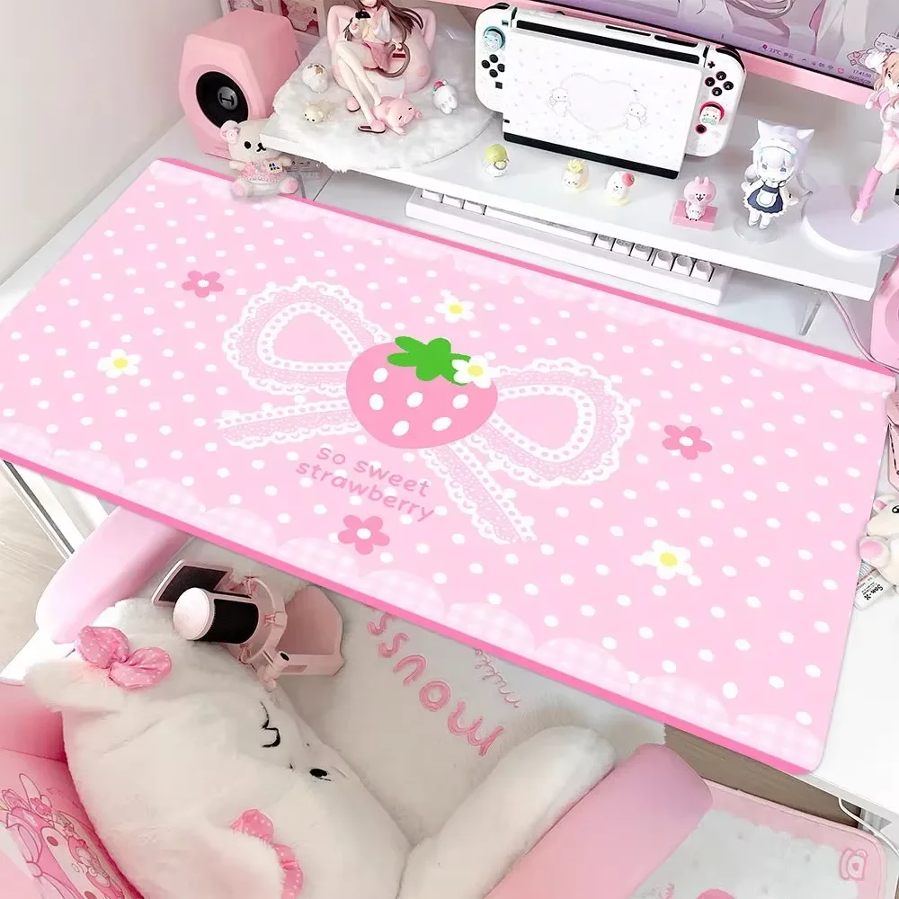 Pink Sweet Strawberry Polka Dots Flower Y2K Leather Desk Pad Protector Mouse Pad Office Desk Mat Non-Slip PU Desk Blotter Pad