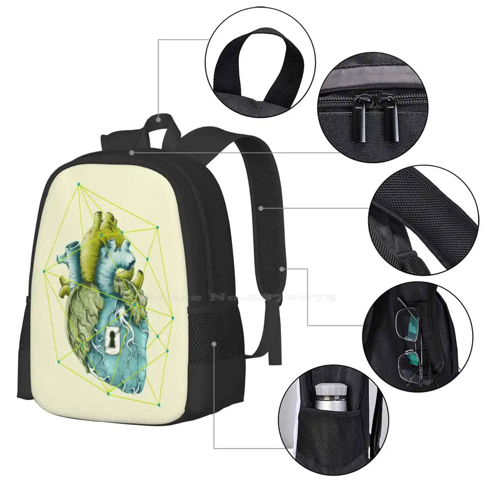 Mochila desbloqueada para adolescentes escolares, bolsas de viaje para niñas, desbloqueo Zen, naturaleza, corazón orgánico, Líneas geométricas, concepto