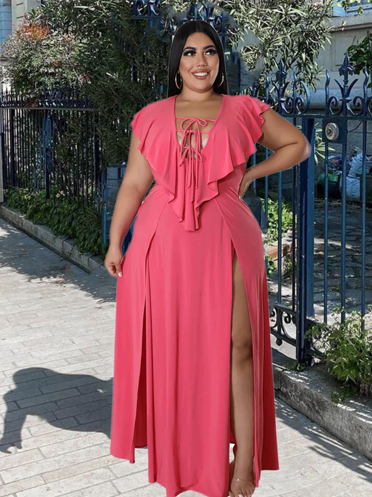 Abiti eleganti per donna Maxi abito estivo con scollo a V increspato signore Sexy Plus Size abiti all'ingrosso Dropshipping all'ingrosso