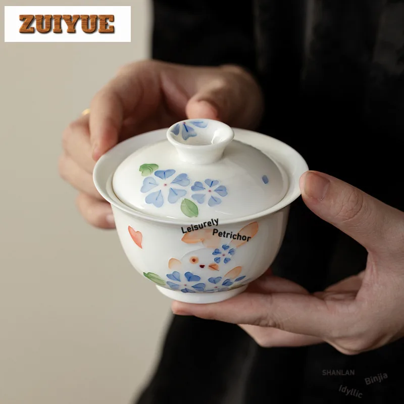 

150ml Hand-painted Rabbit Flower Gaiwan Vintage Tea Tureen Tea Bowl With Lid Kit Tea Maker Cover Bowl Chinese Tea Set Ornaments