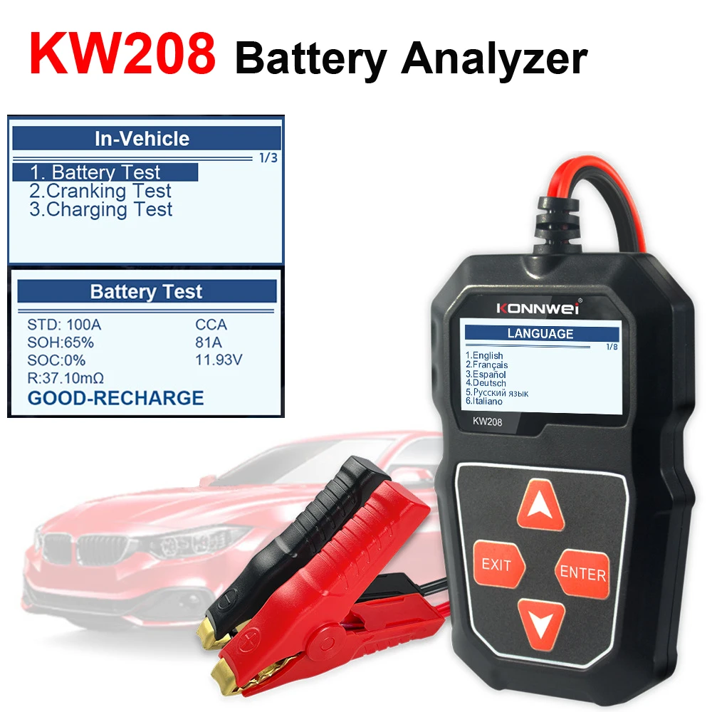 Car Battery Tester for 12v vechicles KONNWEI KW208 100 to 2000CCA Cranking Charging Circut Tester Battery Analyzer