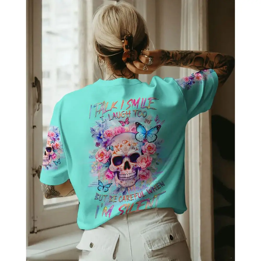 O-Neck Short Sleeve Casual Breathable Oversized Female 2024 Summer Top Woman Clothing Vintage Streetwear Skull Print T-Shirt