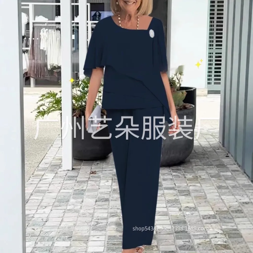 

Весенняя женская одежда: элегантные комплекты, облегающие шифоновые брюки с бисером и широкими штанинами, двухкомпонентный костюм для женщин из полиэстера.