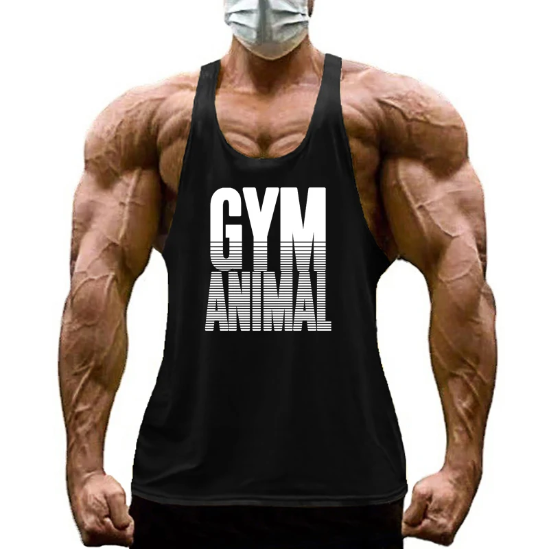 GYM ANIMAL Print Y Back Fitness Stringer Tank Top Mens Cotton Muscle Sleeveless Shirt Bodybuilding Clothing Workout Singlets