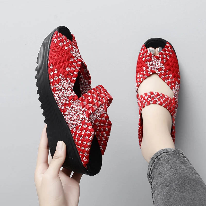 STRONGSHEN Women Handmade Woven Shoes Summer Wedge Heels Sandals Women Casual Shoes Breathable Sneakers Slip On Zapatos Mujer