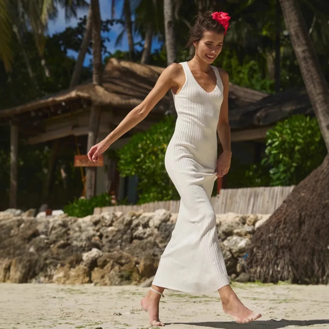 فستان محبوك ضيق للنساء، فستان أنيق طويل بدون أكمام برقبة على شكل V، ملابس داخلية بدون حمالات من البوليستر لفصول الربيع والصيف...