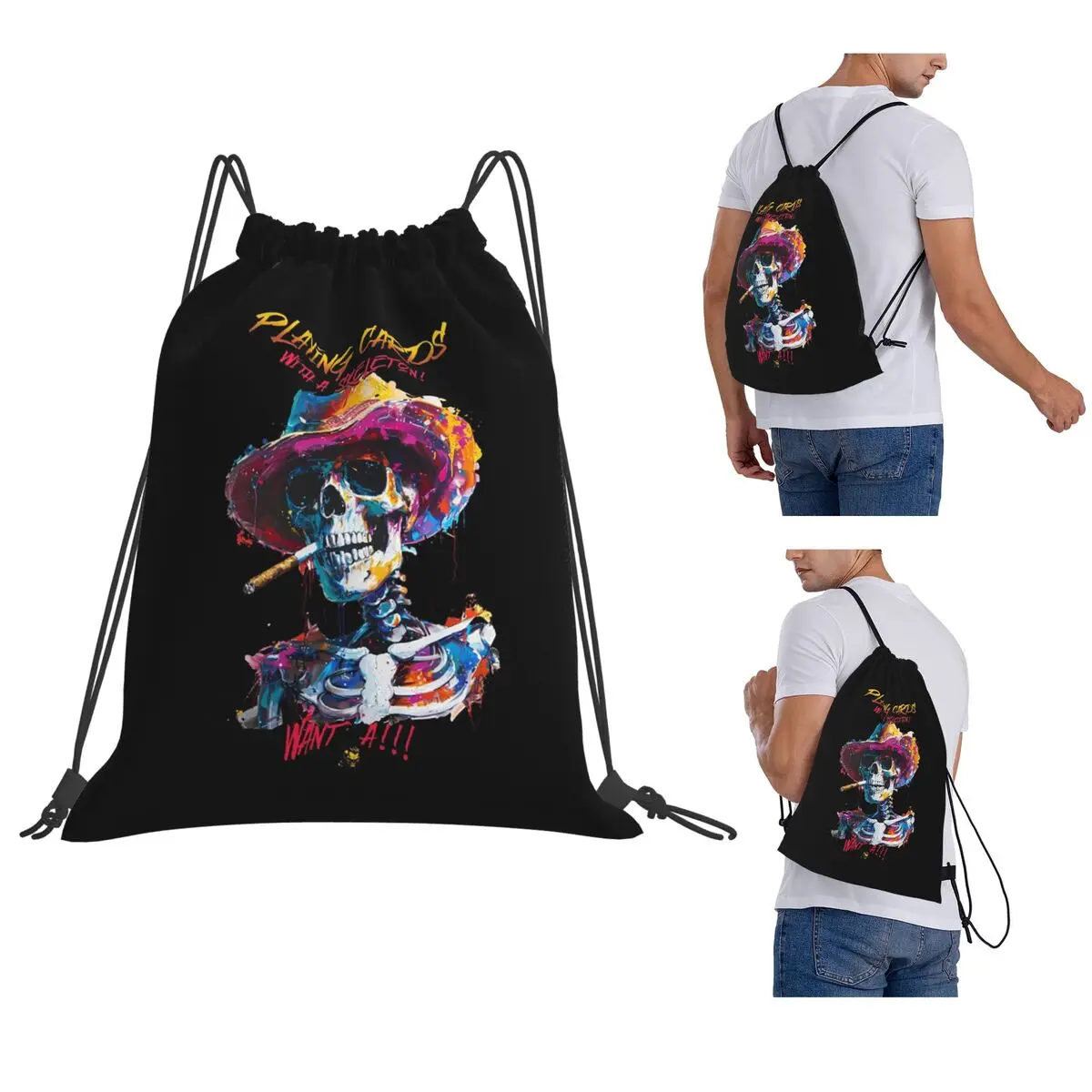 Poker Skulls Digital Art With Rebel Style Backpacks Casual Drawstring Bags Sports Bag Book Bags for Man Woman Students