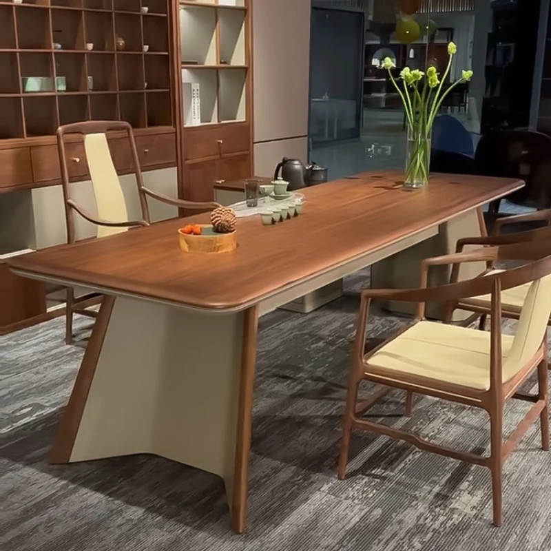 

New Chinese tea table and chair combination large board tea table light luxury villa high-end dining table all solid wood desk