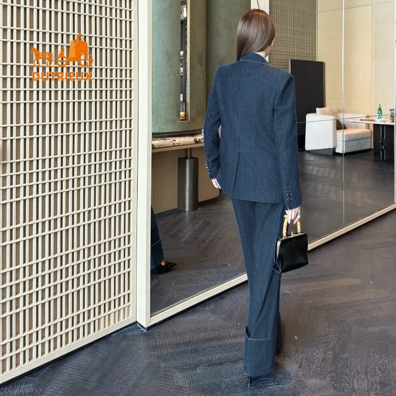 Autumn Double-breasted Suit Jacket and Wide-leg Pants with Wide-rimmed Ribbon Piping, 100% Cotton Leisure Fashion Suit Women