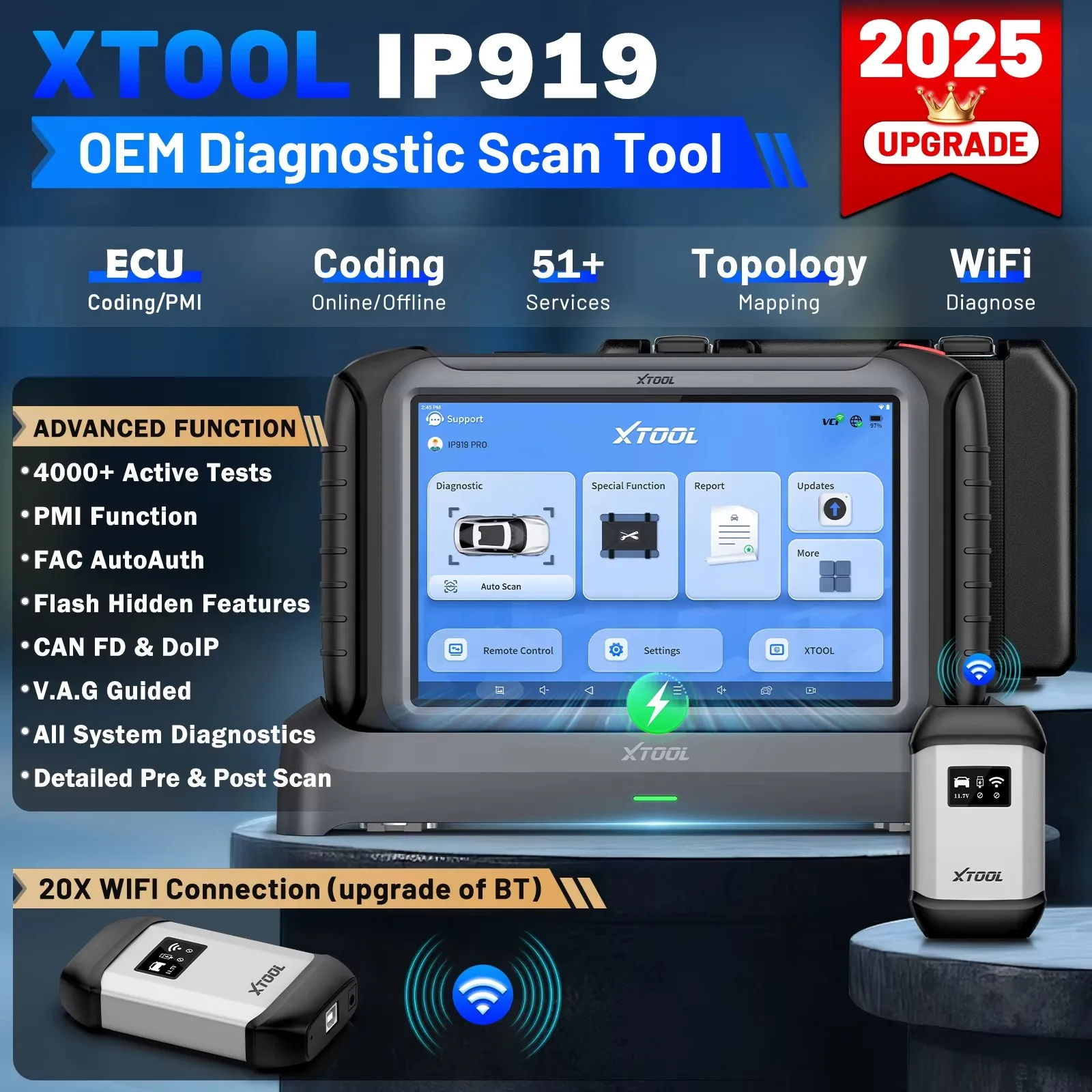 XTOOL InPlus IP919 أداة تشخيص السيارات بلوتوث الماسح الضوئي للسيارات يمكن FD DOIP FCA ECU الترميز مفتاح برمجة طوبولوجيا 51 إعادة تعيين