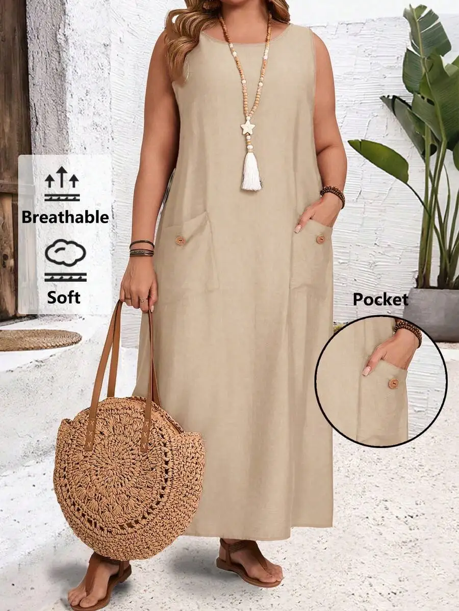 

Plus Size Women Sleeveless Solid Color Casual Straight Dress With Pockets Summer Vacation Boho Style