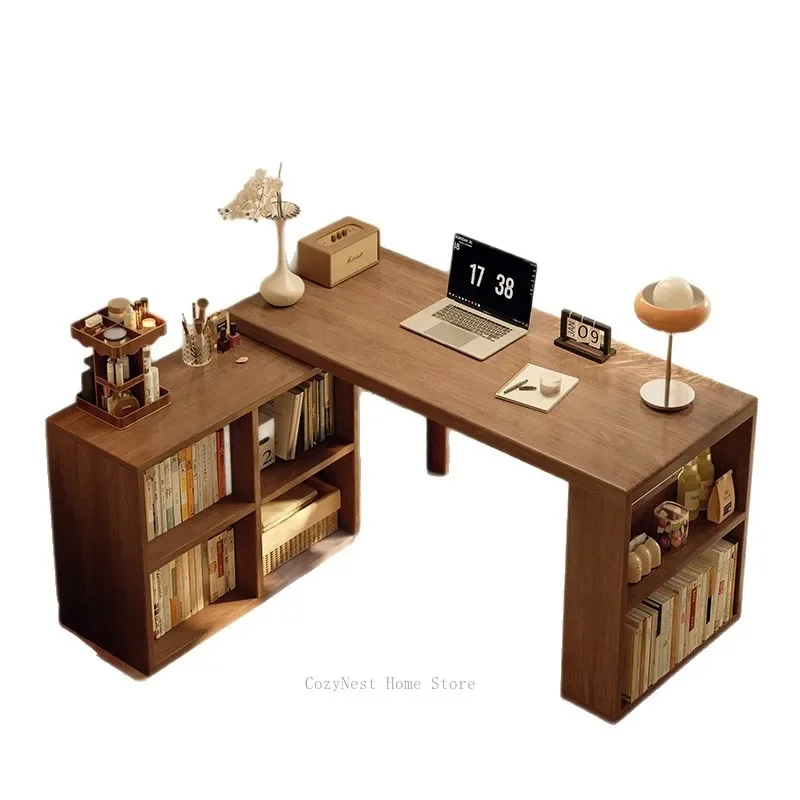 Solid Wood Double Study Desk, Long Table with Storage Cabinet, Extendable Computer Workstation for Bedroom