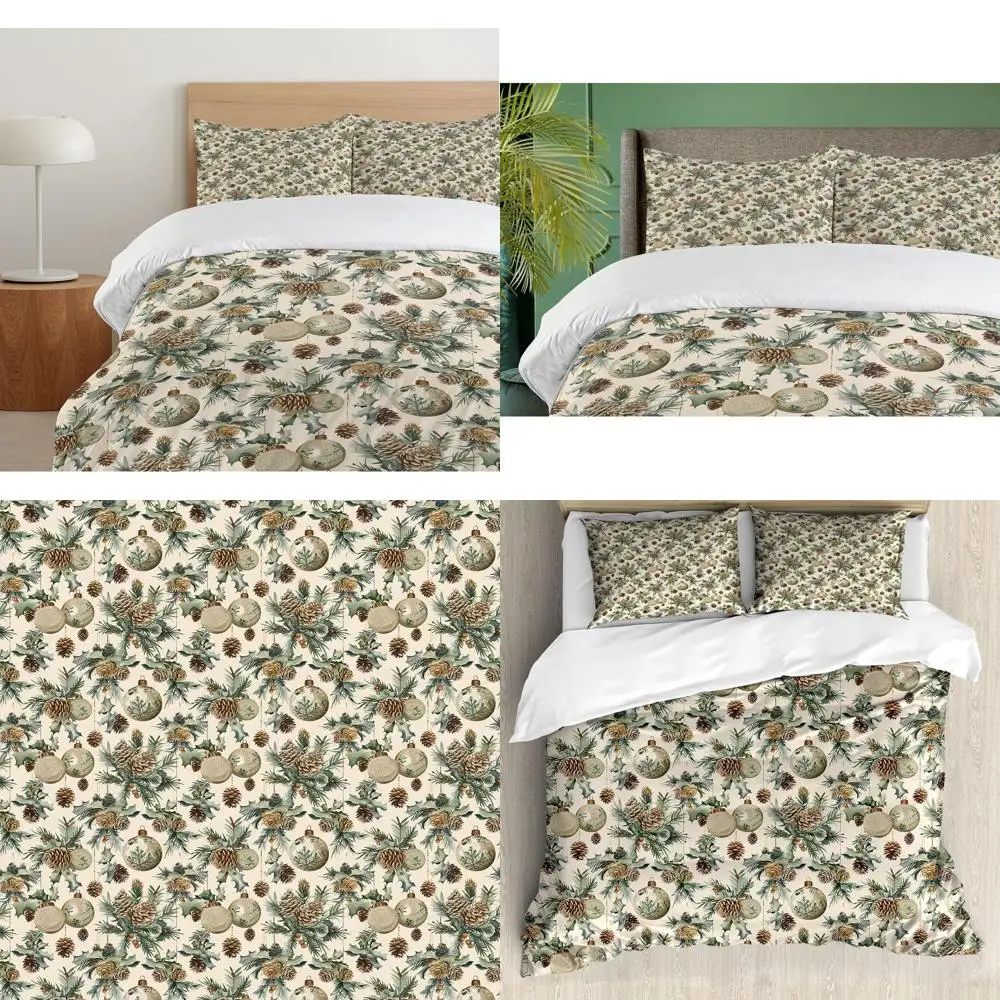 

Vintage Christmas Duvet Cover Set with Pine Cones, Globes & Leaves, 3-Piece Bedding, Queen, Brown, Green & Blue