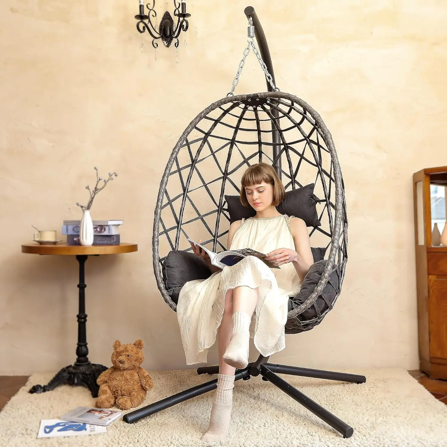 Egg Swing Chair with Stand, Outdoor Patio Hanging Egg Chair, Indoor Hammock Chair with Cushion for Garden Backyard image 6
