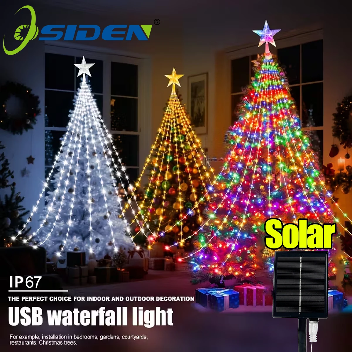 1PC vijfpuntige ster watervalverlichting USB / kerstlichtslingers op zonne-energie voor kerstfeest Halloween Home Decor
