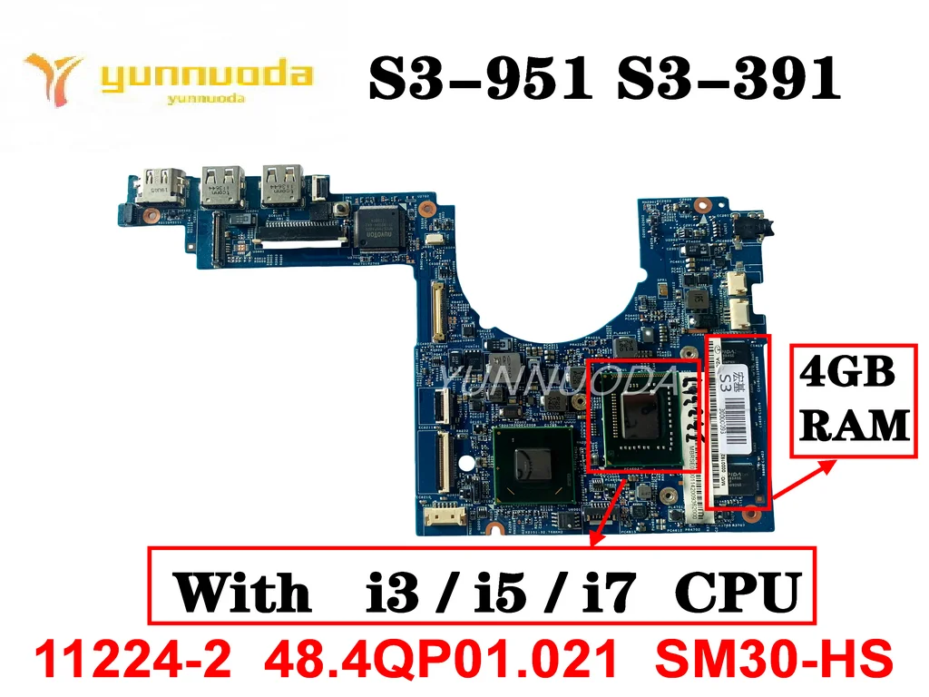 

Original For Acer Aspire S3-951 S3-391 MS2346 Laptop Motherboard With i3 i5 i7 CPU 4GB-RAM 11224-2 48.4QP01.021 SM30-HS Test