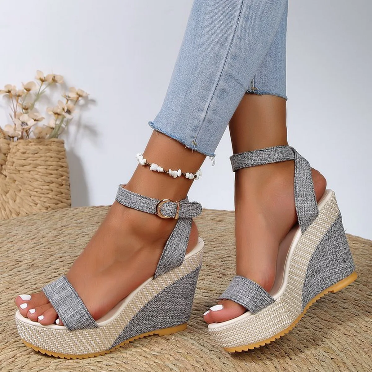 Wedge Sandals for Women\'s Open Toe Broadband Denim Crossover Platform Ankle Buckle High Heels Shoes  Sandalias De Mujer