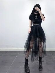 Gotik siyah örgü uzun Mini etek kadın çok katmanlı düzensiz koyu estetik peri Grunge Midi etekler Punk Emo Alt kore moda