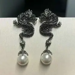 Bilincolor Fashion Black Dragon White Pearl Earring for Women
