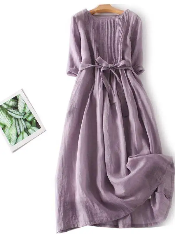 

Casual Large Size Pleated Waist Cinched Loose A-Line Dress Artistic Wind Accordion Folded Skirt Short Sleeve Mid-Length Dress
