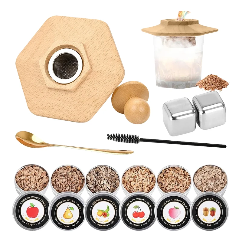 

Cocktail Wooden Smoker Kit Whiskey Smoked Wood Hood for Kitchen Bar Drinks Bartender Accessories Gift for Men